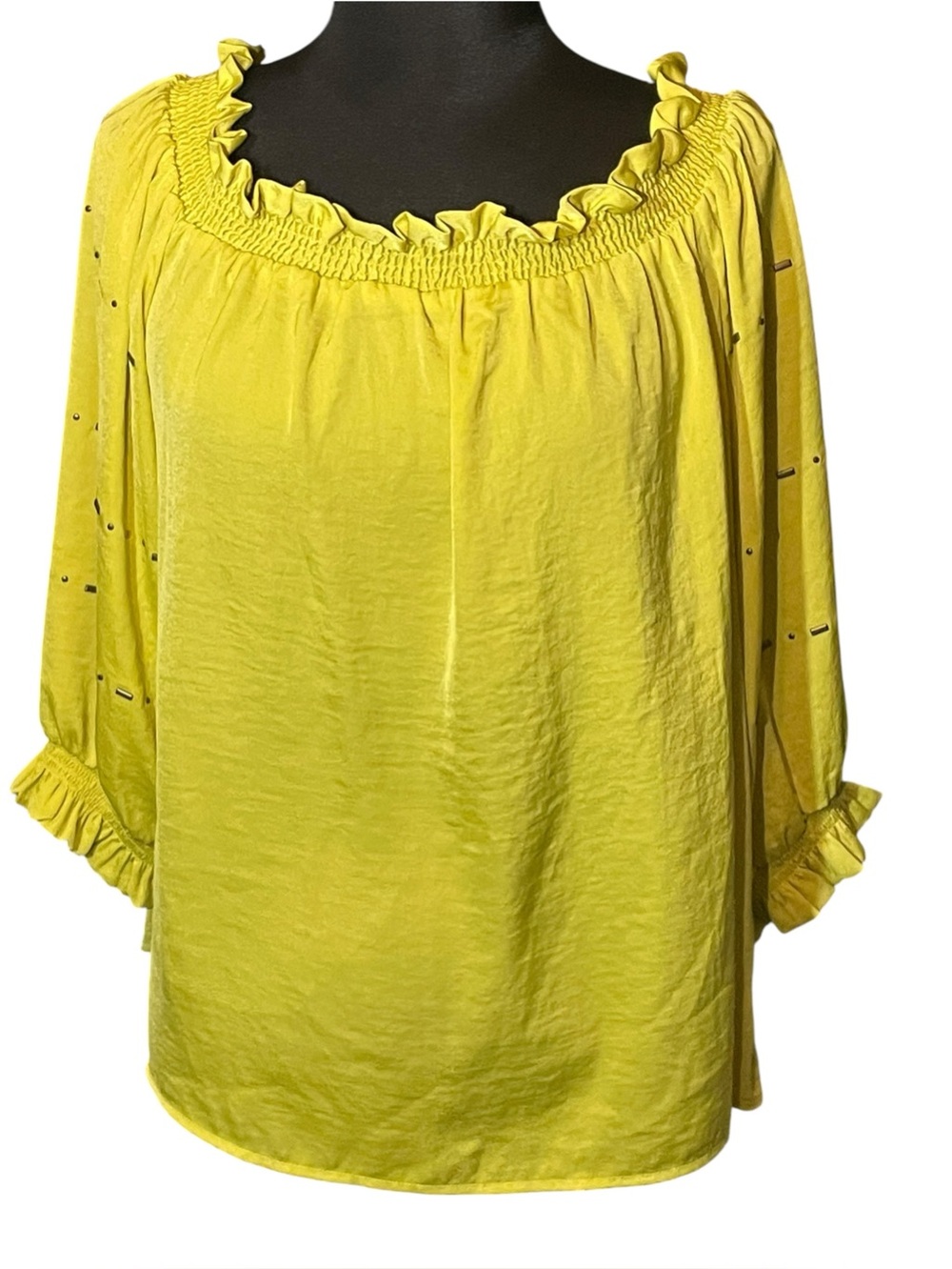 Vince Camuto Chartreuse Yellow Ruffle Off-Shoulder Stud Accent Blouse Size Large